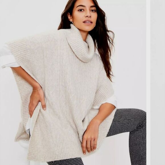 LOFT Oatmeal Bohemian Turtleneck Cable Knit Chic Ribbed Trim Flowy Knit Poncho - Picture 1 of 14